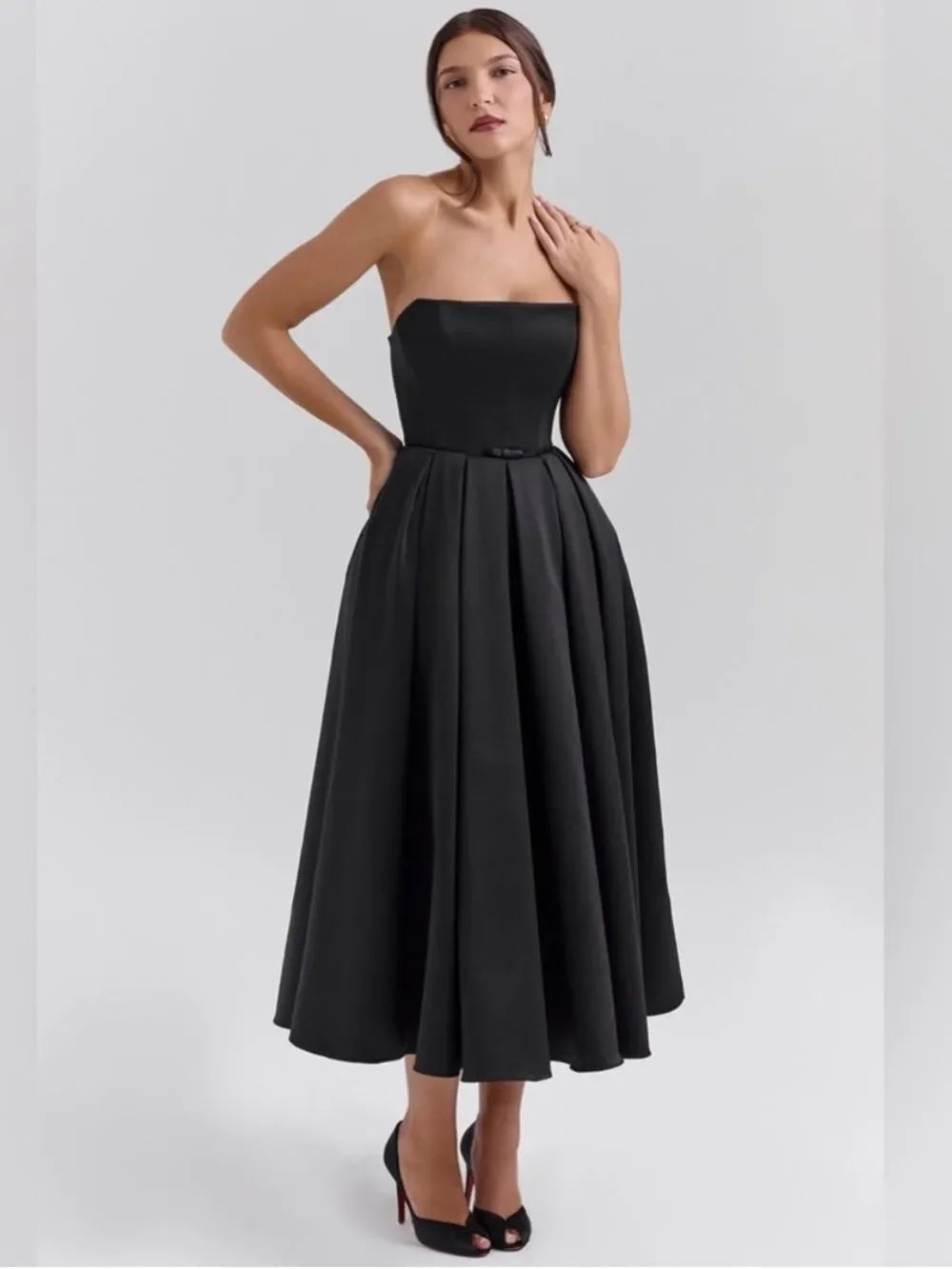 House of CB CONTESSA Black Strapless Satin Corset Midi Dress. Size XS